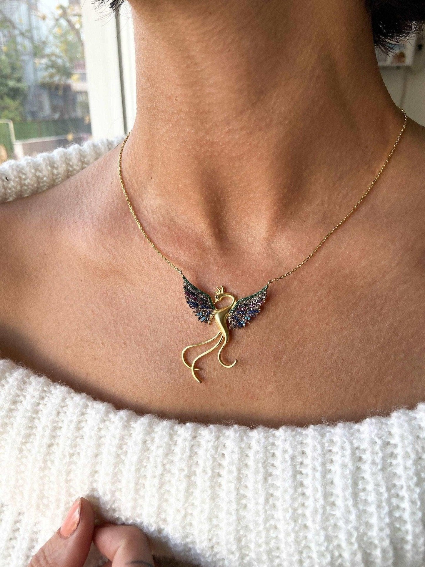 Rainbow Phoenix Gold Planet Necklace 925 Sterling Silver, Custom Desing Firebird Handmade Jewelry Strength Pendant, Bird Gold Phoenix - Tracesilver