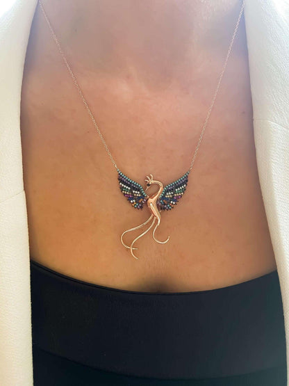 Rainbow Phoenix Necklace,Custom Desing Firebird Handmade Jewelry Strength Pendant, Bird Jewelry Rose Gold Phoenix, Birthday Gift - Tracesilver