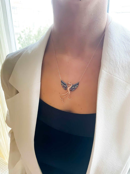 Rainbow Phoenix Necklace,Custom Desing Firebird Handmade Jewelry Strength Pendant, Bird Jewelry Rose Gold Phoenix, Birthday Gift - Tracesilver