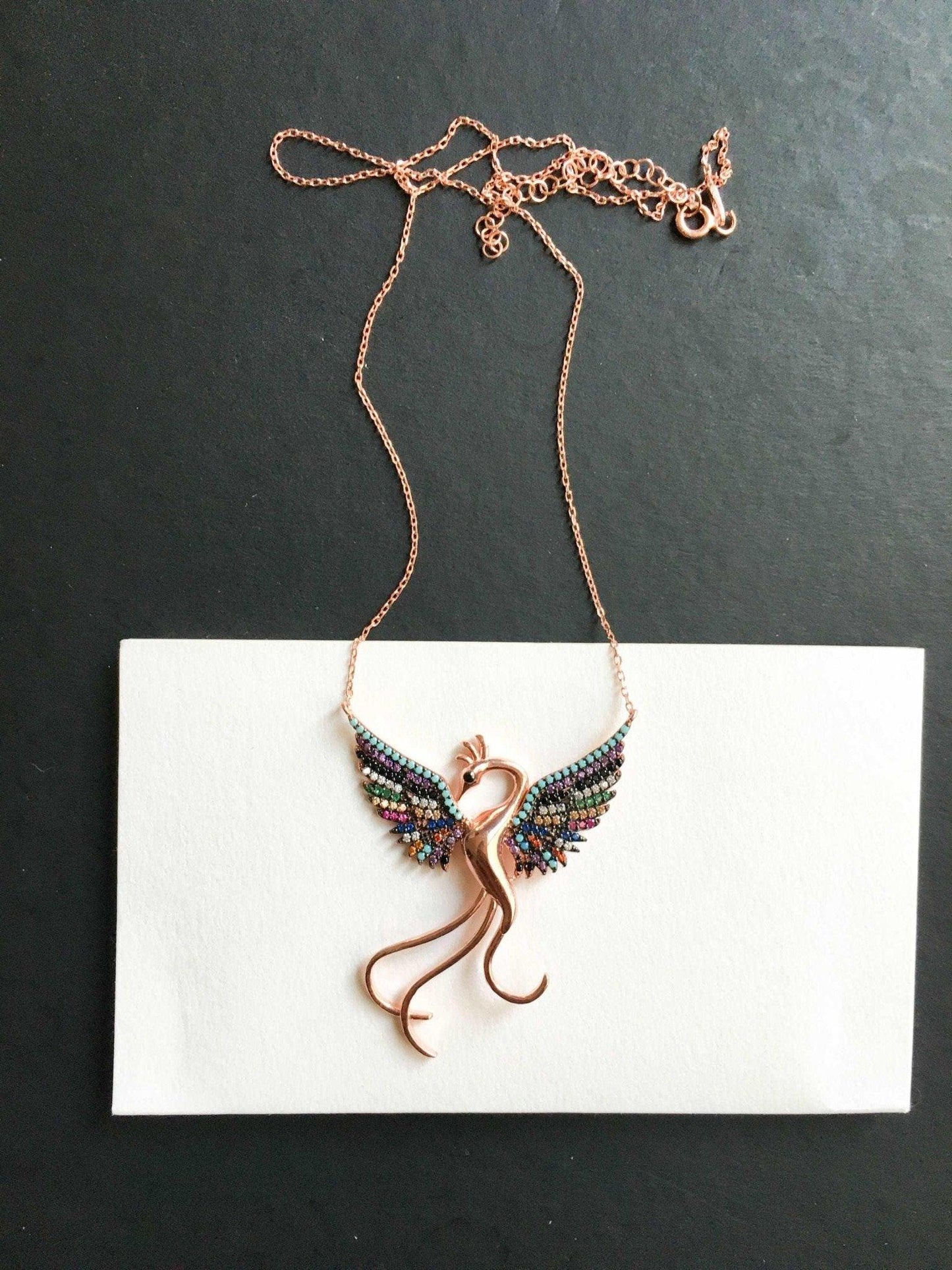 Rainbow Phoenix Necklace,Custom Desing Firebird Handmade Jewelry Strength Pendant, Bird Jewelry Rose Gold Phoenix, Birthday Gift - Tracesilver