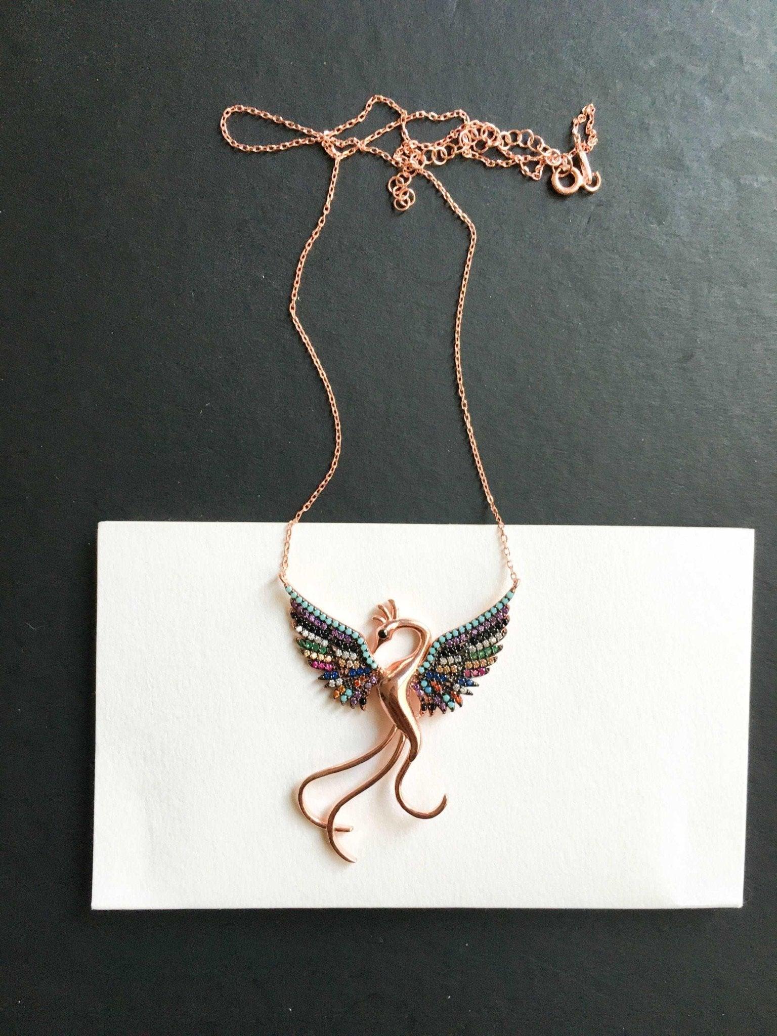 Rainbow Phoenix Necklace,Custom Desing Firebird Handmade Jewelry Strength Pendant, Bird Jewelry Rose Gold Phoenix, Birthday Gift - Tracesilver