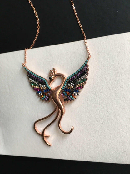Rainbow Phoenix Necklace,Custom Desing Firebird Handmade Jewelry Strength Pendant, Bird Jewelry Rose Gold Phoenix, Birthday Gift - Tracesilver