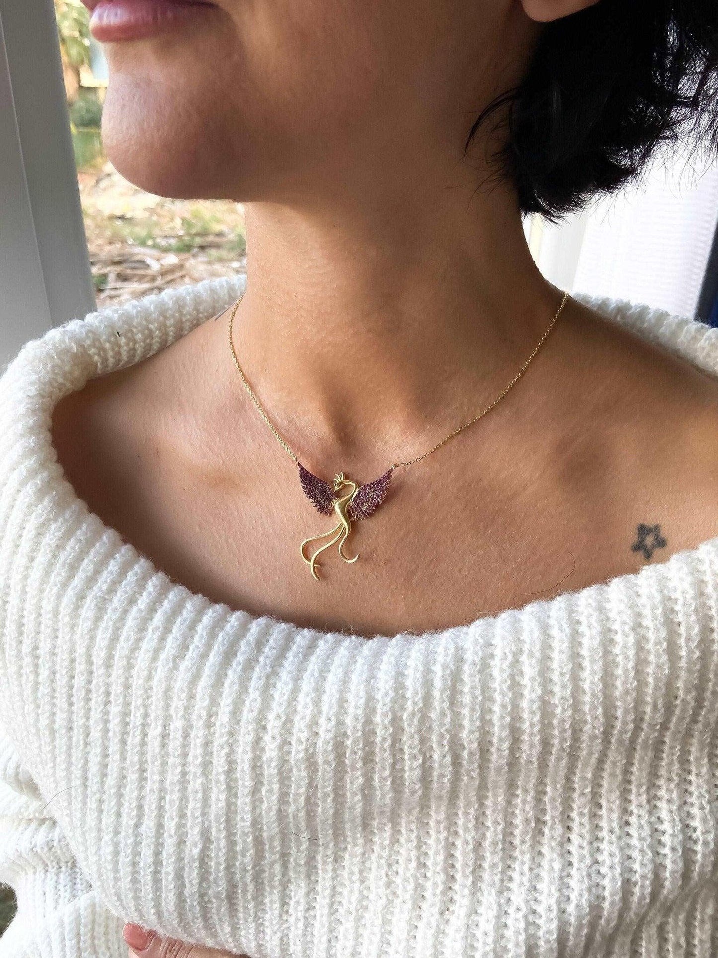 Red Phoenix Gold Planet Handmade Necklace, Gold Firebird 925 Sterling Silver Pendant, Red Phoenix Necklace, Birthday Gift Jewelry For Her - Tracesilver