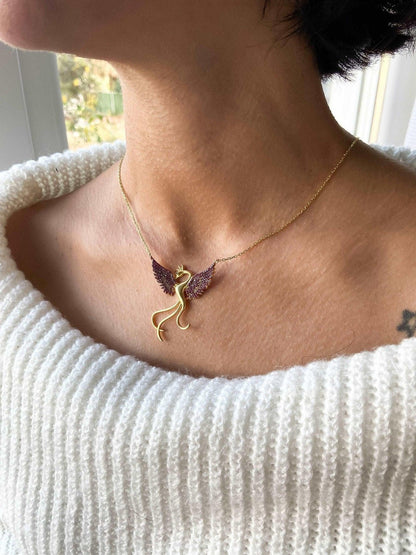 Red Phoenix Gold Planet Handmade Necklace, Gold Firebird 925 Sterling Silver Pendant, Red Phoenix Necklace, Birthday Gift Jewelry For Her - Tracesilver