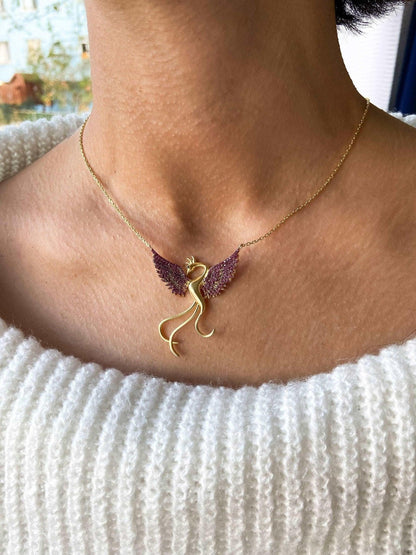 Red Phoenix Gold Planet Handmade Necklace, Gold Firebird 925 Sterling Silver Pendant, Red Phoenix Necklace, Birthday Gift Jewelry For Her - Tracesilver
