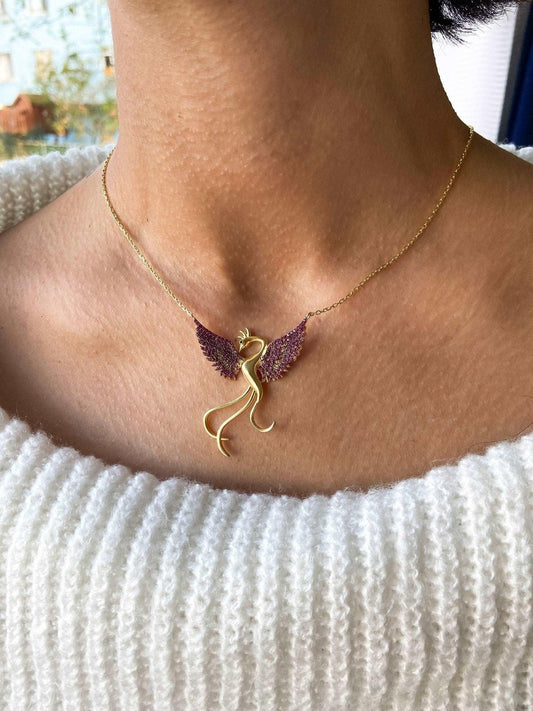 Red Phoenix Gold Planet Handmade Necklace, Gold Firebird 925 Sterling Silver Pendant, Red Phoenix Necklace, Birthday Gift Jewelry For Her - Tracesilver