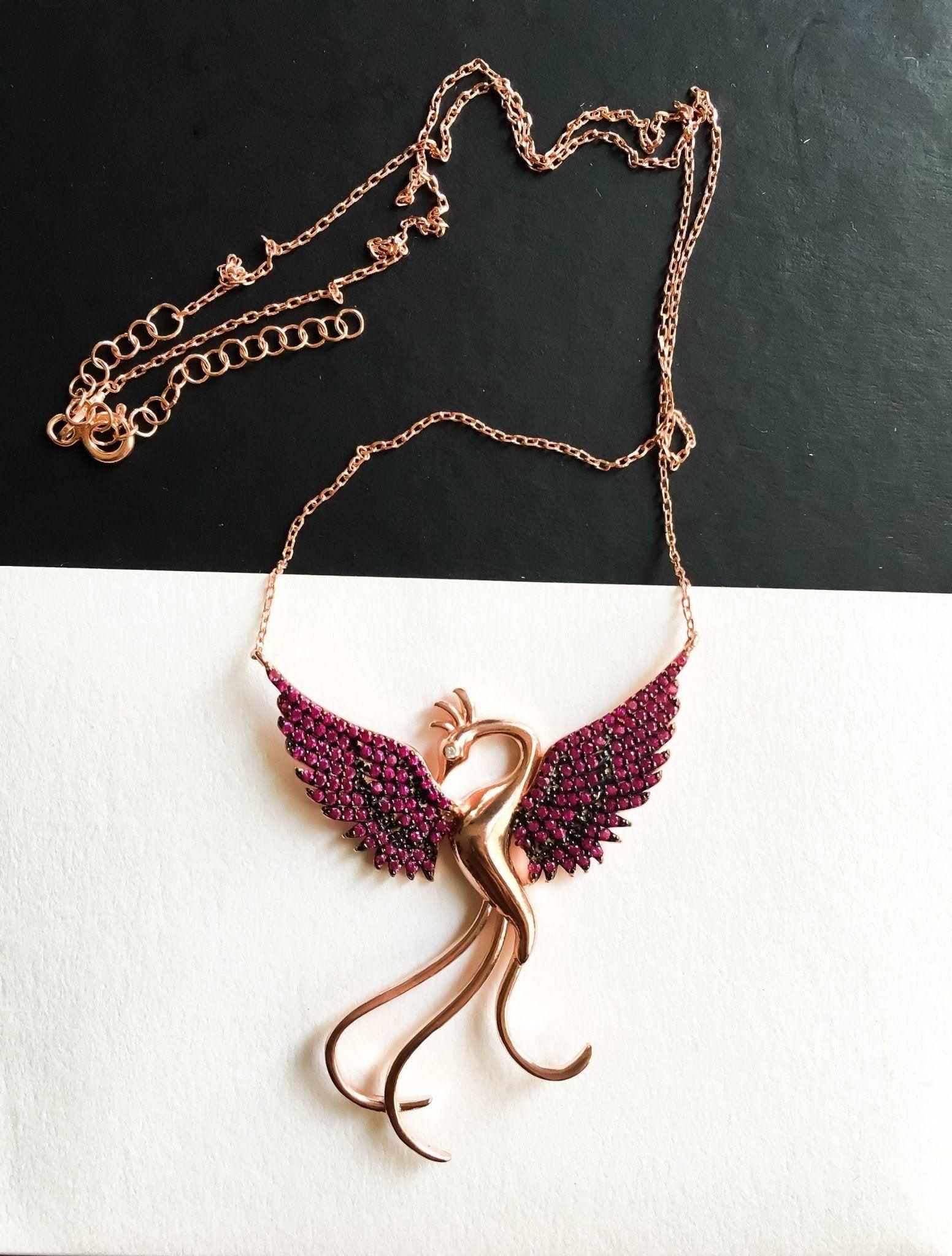 Red Phoenix Handmade Necklace, Bird Jewelry Rose Gold Firebird Pendant, Purple Phoenix Necklace,Birthday Gift For Her - Tracesilver
