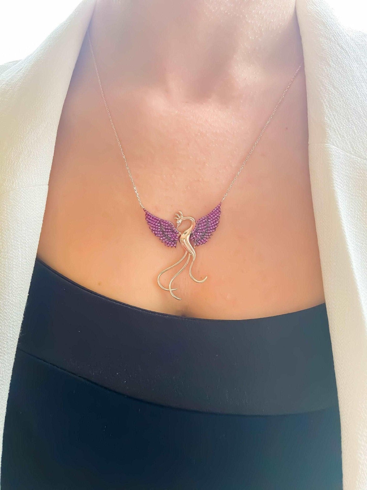 Red Phoenix Handmade Necklace, Bird Jewelry Rose Gold Firebird Pendant, Purple Phoenix Necklace,Birthday Gift For Her - Tracesilver