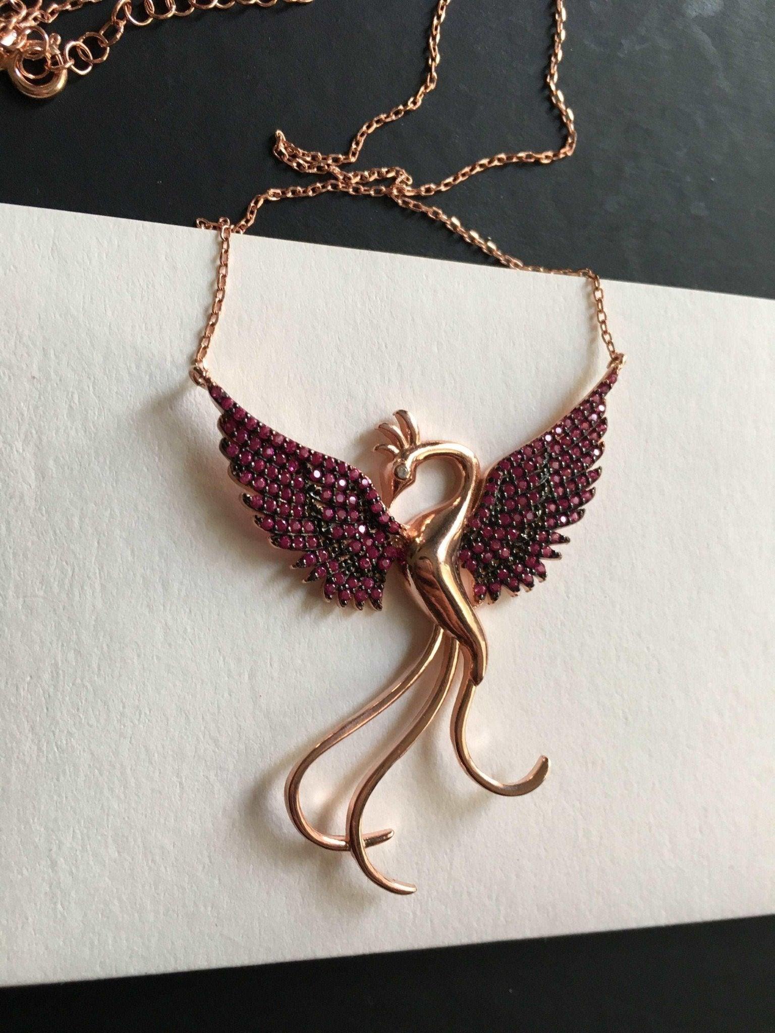 Red Phoenix Handmade Necklace, Bird Jewelry Rose Gold Firebird Pendant, Purple Phoenix Necklace,Birthday Gift For Her - Tracesilver