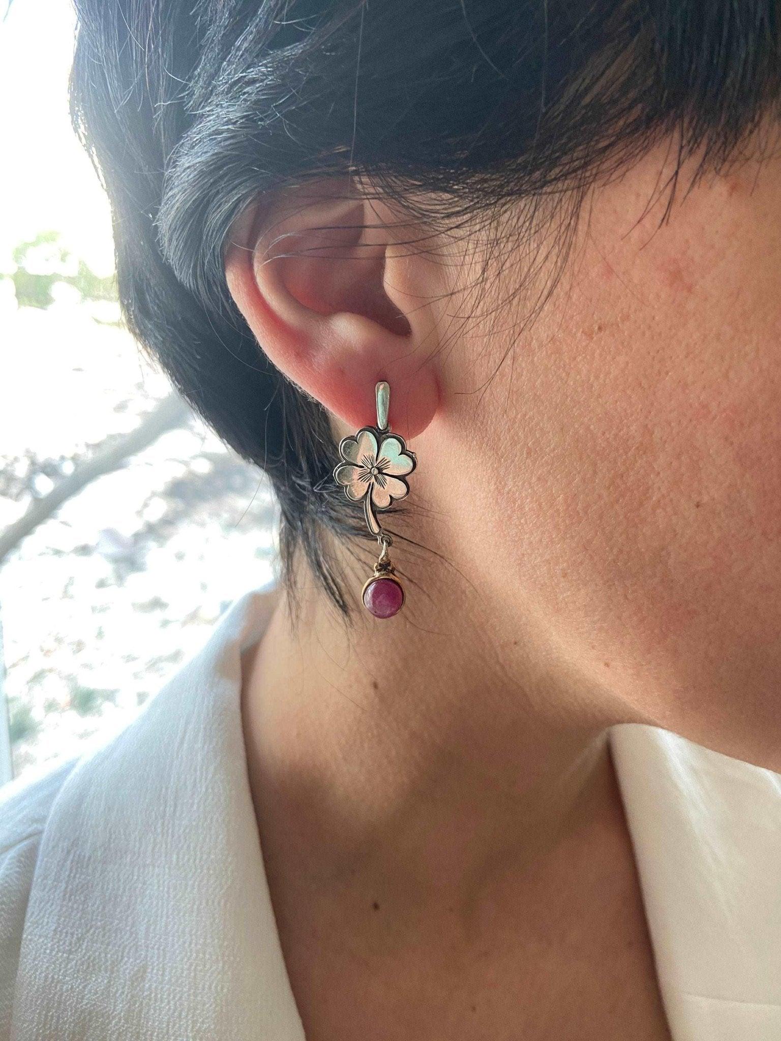 Root Ruby Flower Earrings, Custom Desing Jewelry Ruby Women Earrings, 925 Sterling Silver Flower Desing Earrings For Women - Tracesilver