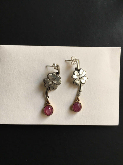 Root Ruby Flower Earrings, Custom Desing Jewelry Ruby Women Earrings, 925 Sterling Silver Flower Desing Earrings For Women - Tracesilver