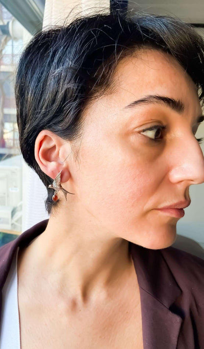 Root Ruby Sparrow Earrings 925 Sterling Silver Bird Stud Earrings For Women,Use Two Ways Root Ruby Earrings - Tracesilver