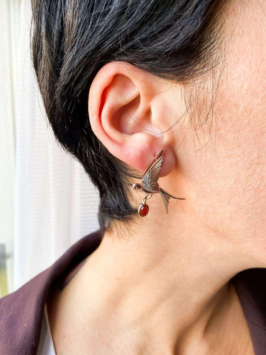 Root Ruby Sparrow Earrings 925 Sterling Silver Bird Stud Earrings For Women,Use Two Ways Root Ruby Earrings - Tracesilver