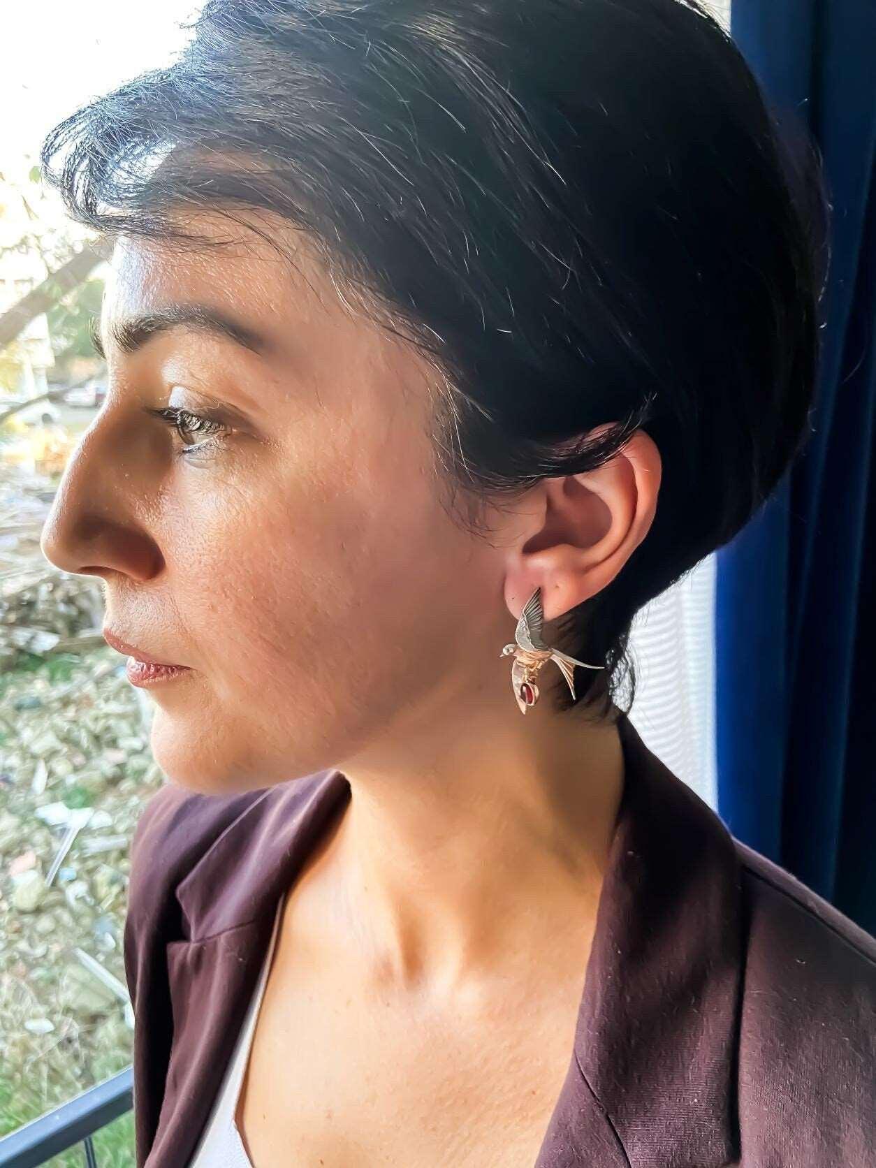 Root Ruby Sparrow Earrings 925 Sterling Silver Bird Stud Earrings For Women,Use Two Ways Root Ruby Earrings - Tracesilver