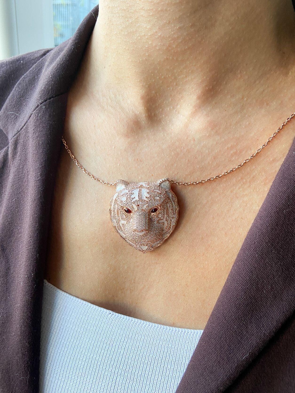 Ruby Leopard Head 925 Sterling Silver Necklace, Custom Desing Ruby Eye Nacre Working Handmade Leopard Pendant, Animal Jewelry Pendant - Tracesilver