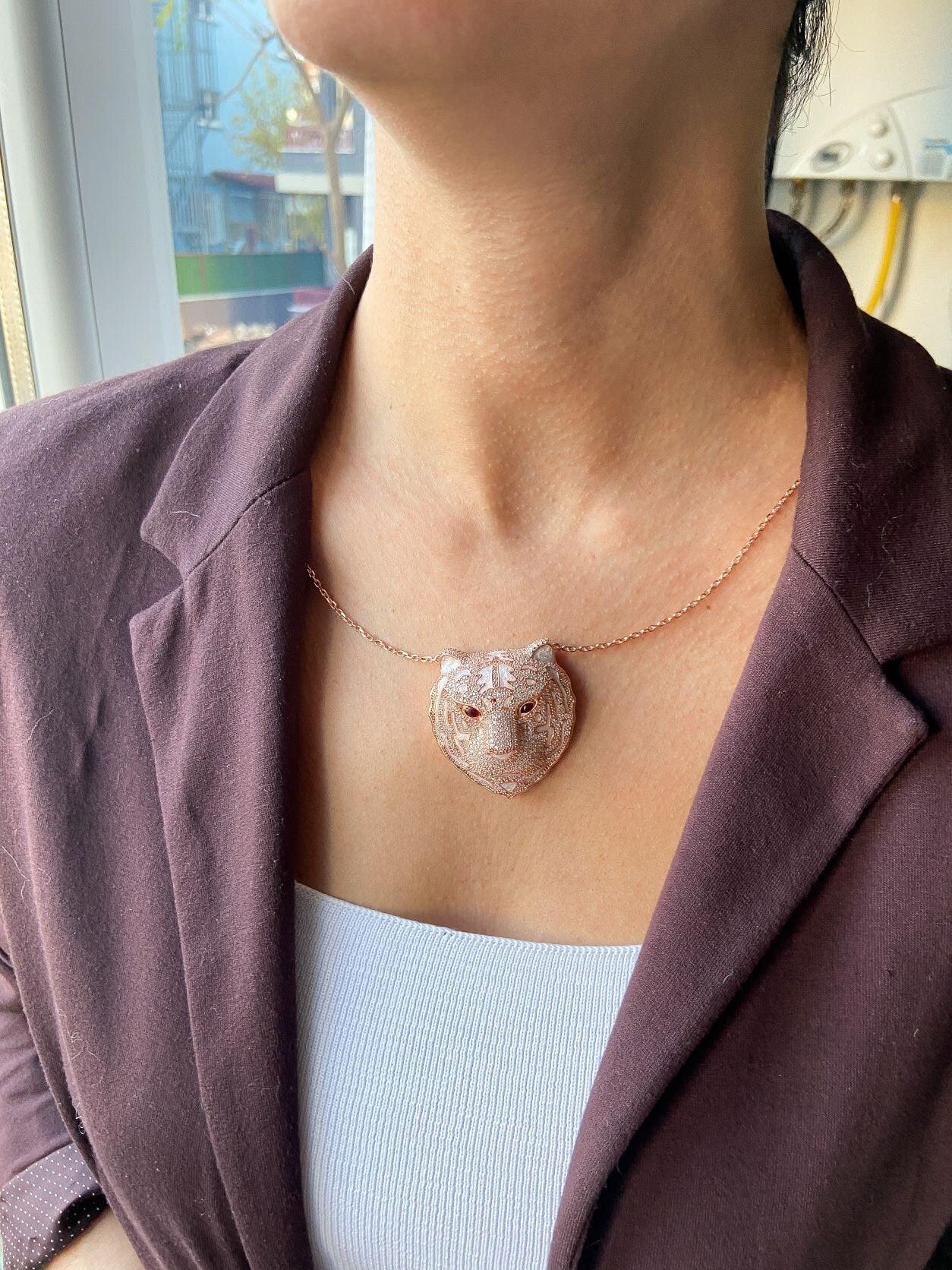 Ruby Leopard Head 925 Sterling Silver Necklace, Custom Desing Ruby Eye Nacre Working Handmade Leopard Pendant, Animal Jewelry Pendant - Tracesilver
