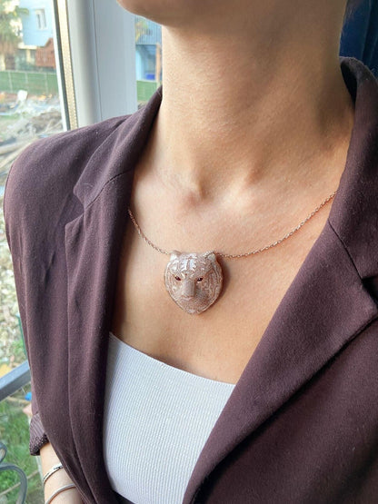 Ruby Leopard Head 925 Sterling Silver Necklace, Custom Desing Ruby Eye Nacre Working Handmade Leopard Pendant, Animal Jewelry Pendant - Tracesilver