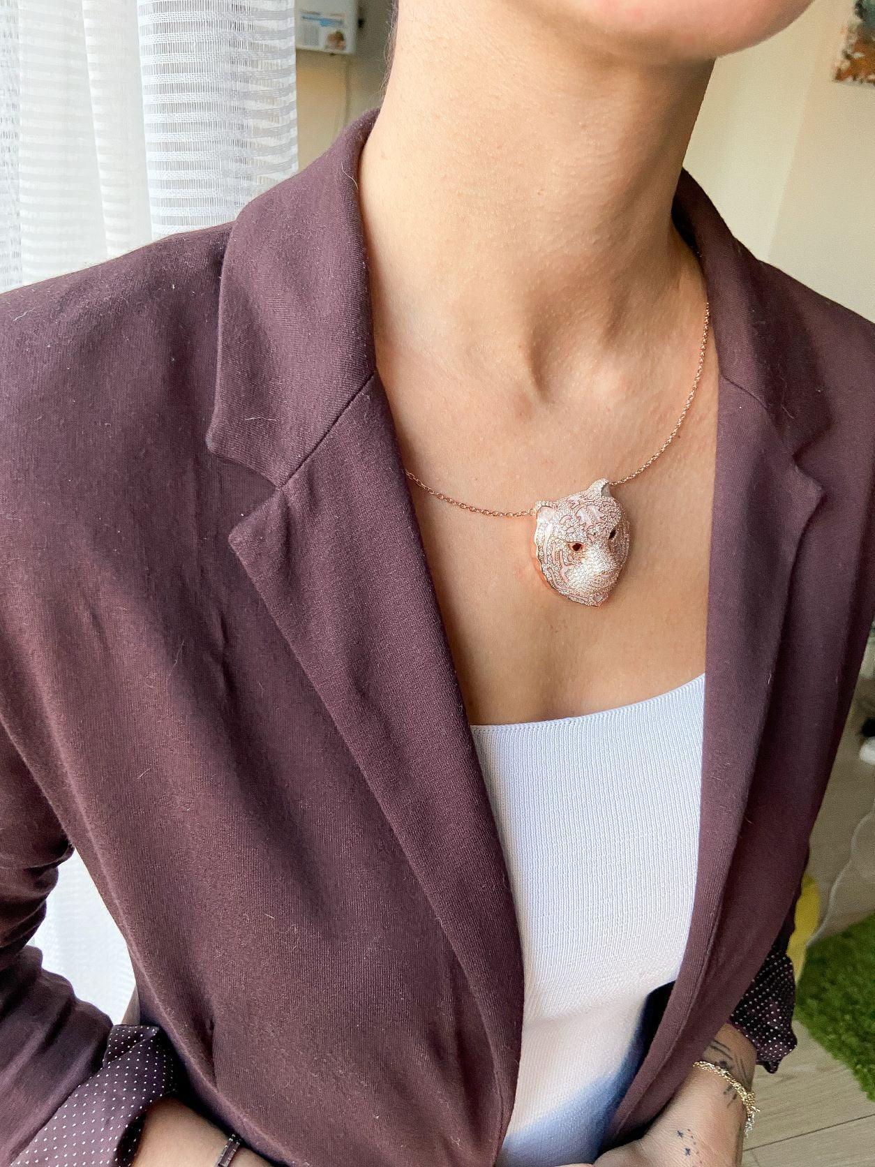 Ruby Leopard Head 925 Sterling Silver Necklace, Custom Desing Ruby Eye Nacre Working Handmade Leopard Pendant, Animal Jewelry Pendant - Tracesilver