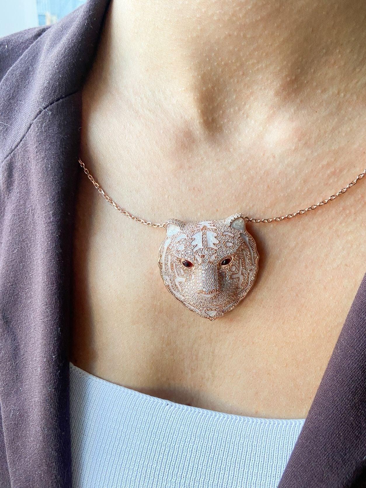 Ruby Leopard Head 925 Sterling Silver Necklace, Custom Desing Ruby Eye Nacre Working Handmade Leopard Pendant, Animal Jewelry Pendant - Tracesilver