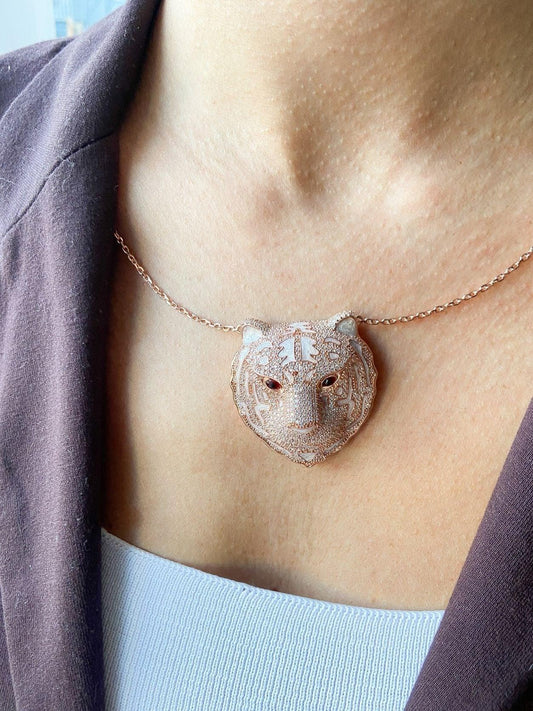 Ruby Leopard Head 925 Sterling Silver Necklace, Custom Desing Ruby Eye Nacre Working Handmade Leopard Pendant, Animal Jewelry Pendant - Tracesilver