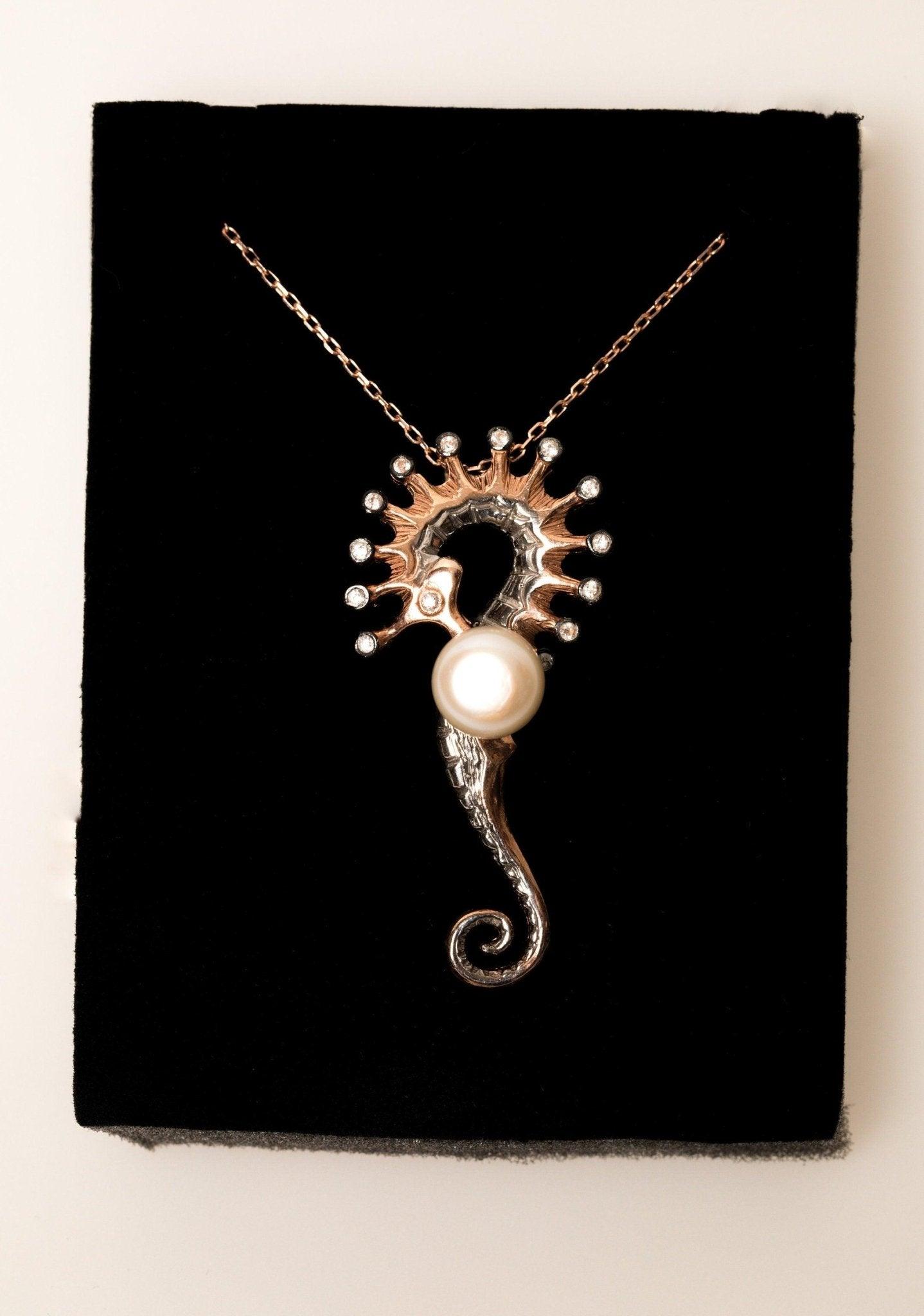 SEAHORSE Pearl Silver Handmade Necklace. 925 Silver Animal Horse Pearl Pendant, Horse Jewelry Sterling Necklace - Tracesilver
