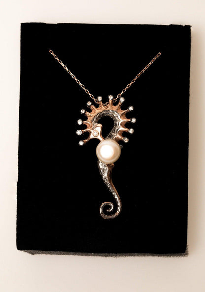 SEAHORSE Pearl Silver Handmade Necklace. 925 Silver Animal Horse Pearl Pendant, Horse Jewelry Sterling Necklace - Tracesilver