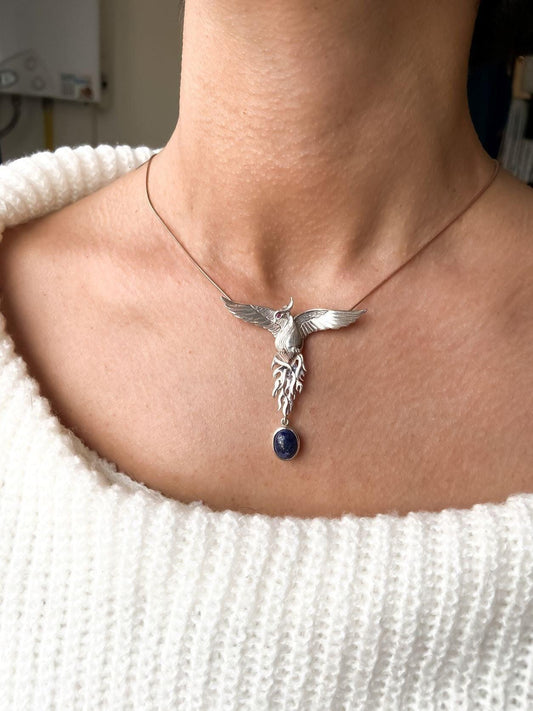 Silver Lapis Lazuli Phoenix Strength Necklace, Sapphire Stone or Root Ruby Eyes Handmade Firebird Pendant, Custom Design Phoenix Necklace - Tracesilver