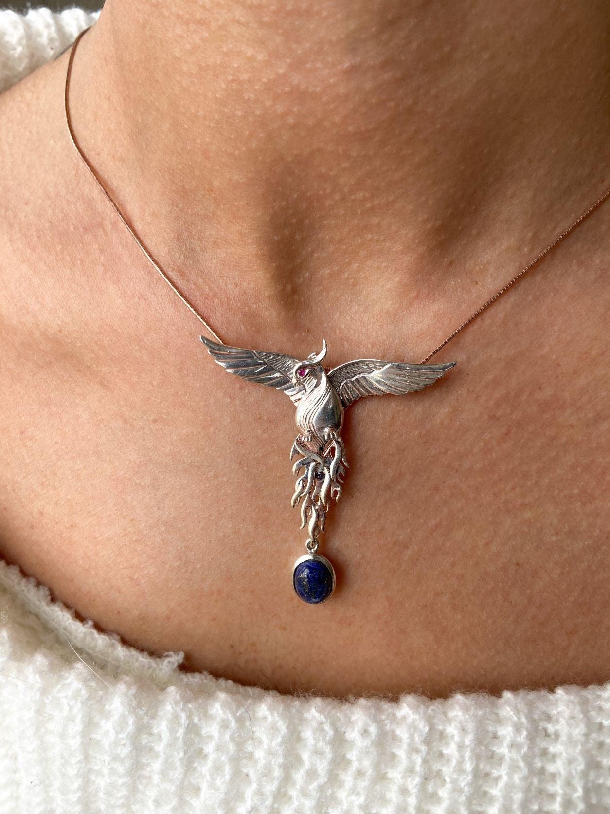 Silver Lapis Lazuli Phoenix Strength Necklace, Sapphire Stone or Root Ruby Eyes Handmade Firebird Pendant, Custom Design Phoenix Necklace - Tracesilver