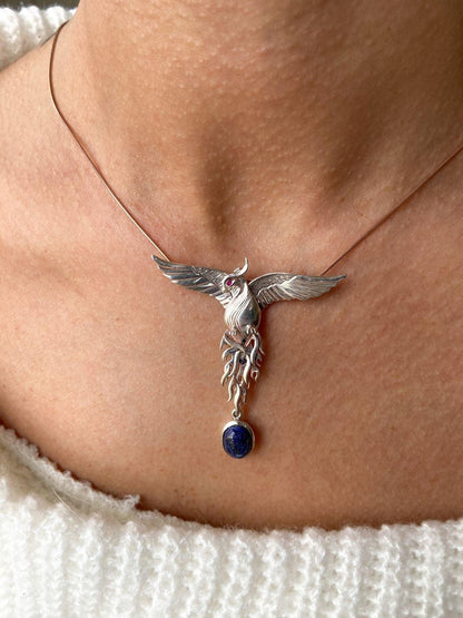 Silver Lapis Lazuli Phoenix Strength Necklace, Sapphire Stone or Root Ruby Eyes Handmade Firebird Pendant, Custom Design Phoenix Necklace - Tracesilver