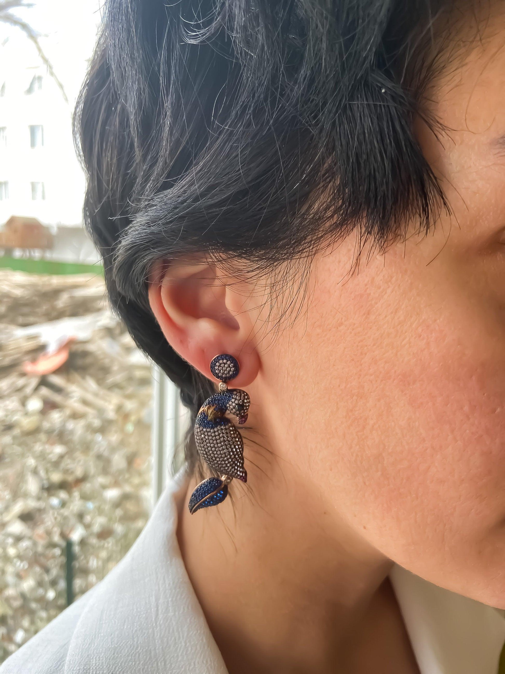 Silver Parrot Stud Earrings, Desing Parrot Colored Handmade Earrings, Parrot Earrings Jewelry For Women, Bird Jewelry Earrings - Tracesilver