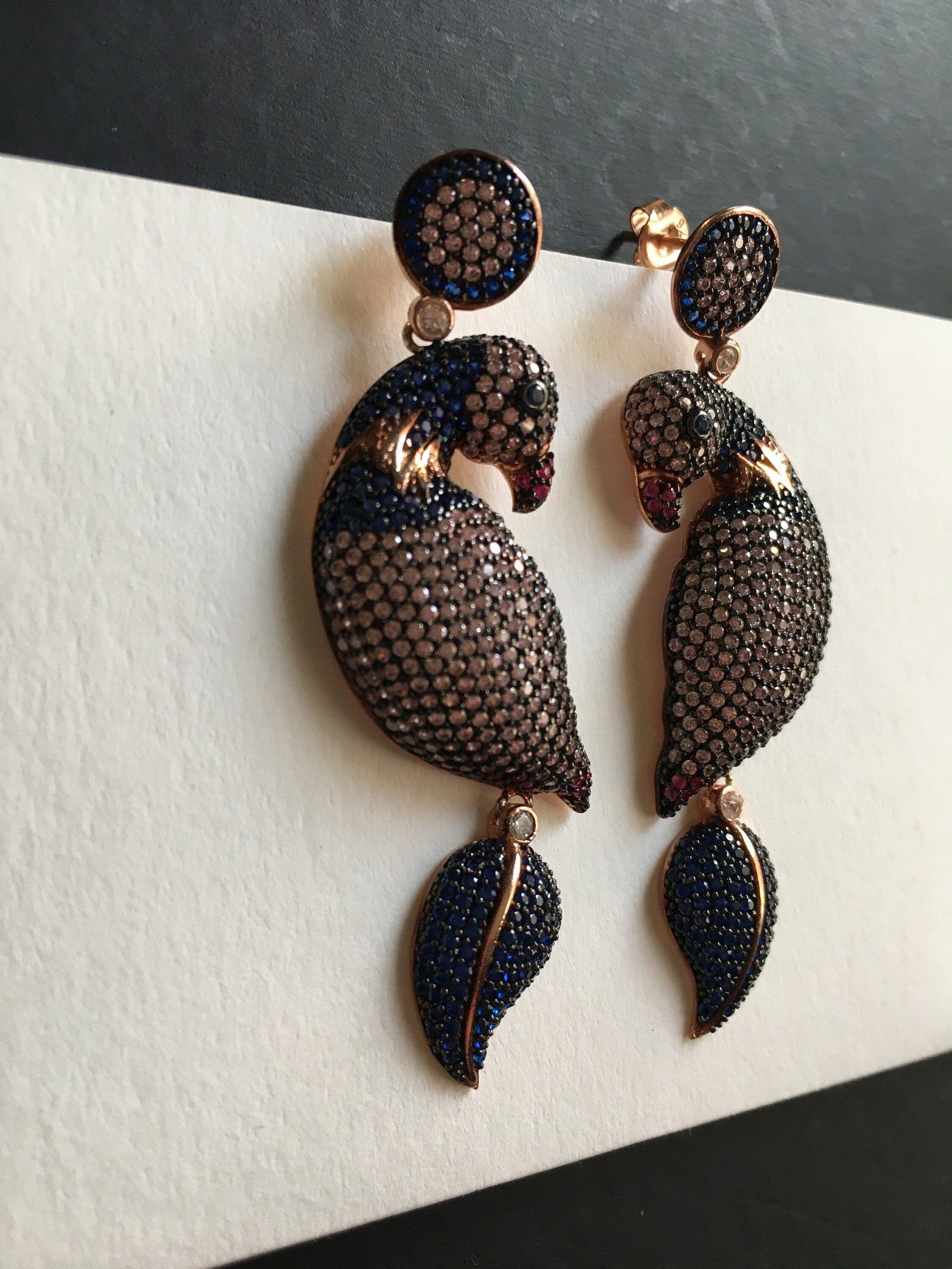 Silver Parrot Stud Earrings, Desing Parrot Colored Handmade Earrings, Parrot Earrings Jewelry For Women, Bird Jewelry Earrings - Tracesilver