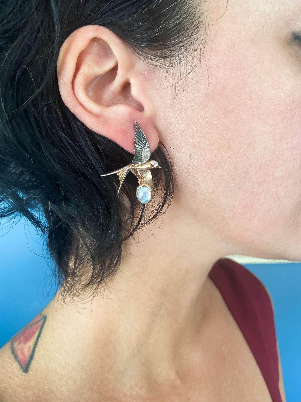 Silver Sparrow Moonstone Stud Earrings, 925 Sterling Silver Sparrow Jewelry Earrings, Use Two Ways Moonstone Earrings - Tracesilver