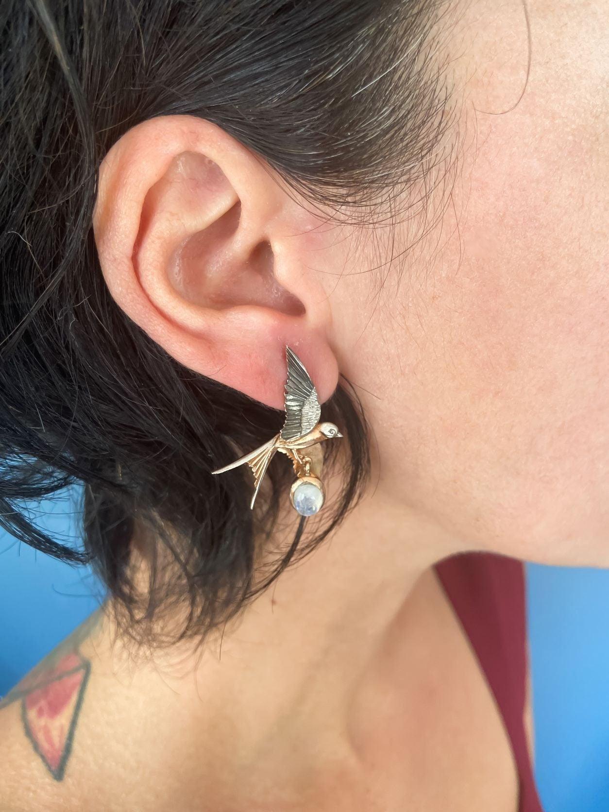 Silver Sparrow Moonstone Stud Earrings, 925 Sterling Silver Sparrow Jewelry Earrings, Use Two Ways Moonstone Earrings - Tracesilver