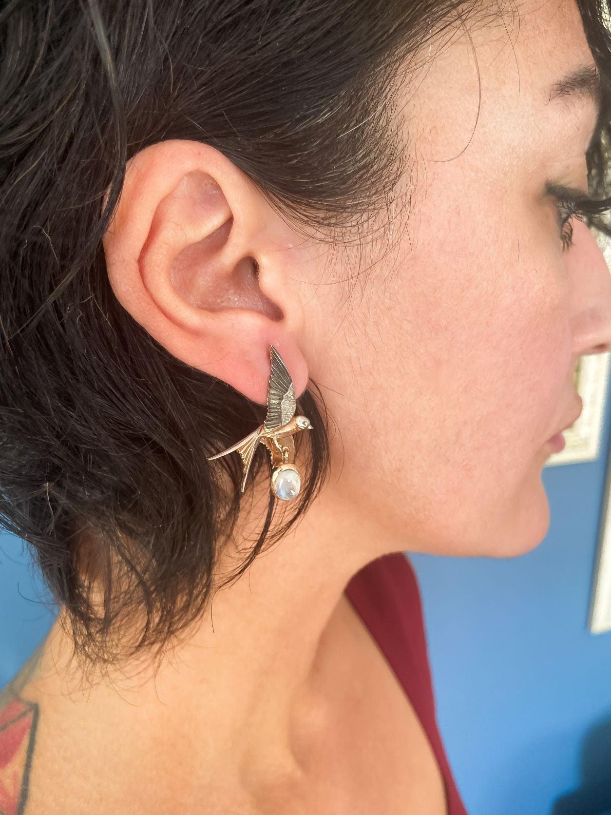 Silver Sparrow Moonstone Stud Earrings, 925 Sterling Silver Sparrow Jewelry Earrings, Use Two Ways Moonstone Earrings - Tracesilver