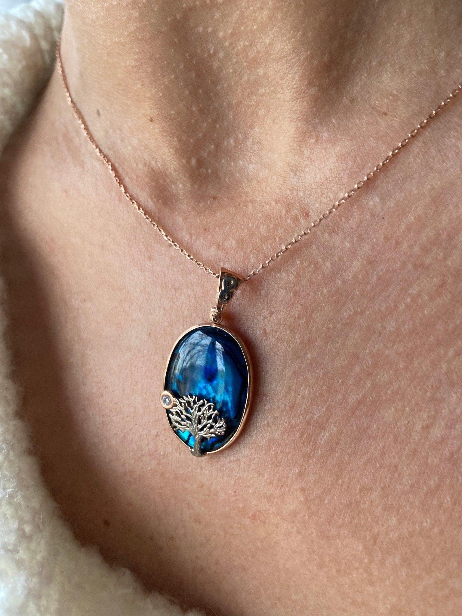 Silver Tree of Life Abalone Shell Necklaces, Jewelry Abalone Gemstones Handmade Necklaces, Abalone Shell For Women Accessory - Tracesilver