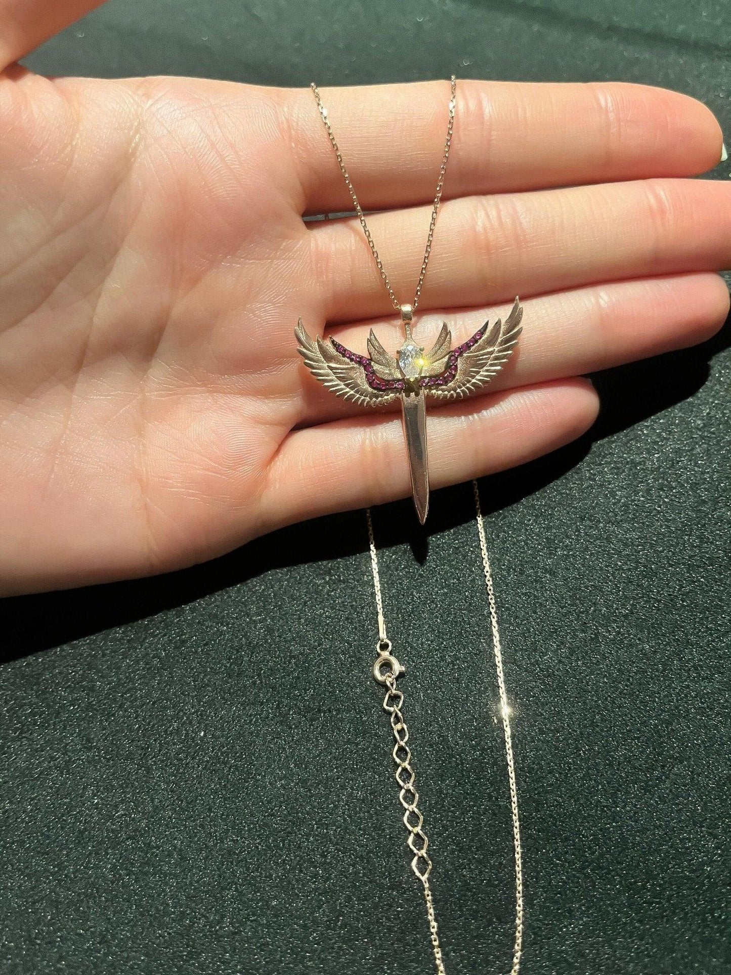 Sword of Michael 925 Sterling Silver Rose Gold Necklace,Ruby Sword Necklace,Michael's Sword Burgundy,Red Zircon,Silver Rose Gold,Gift ForHer - Tracesilver