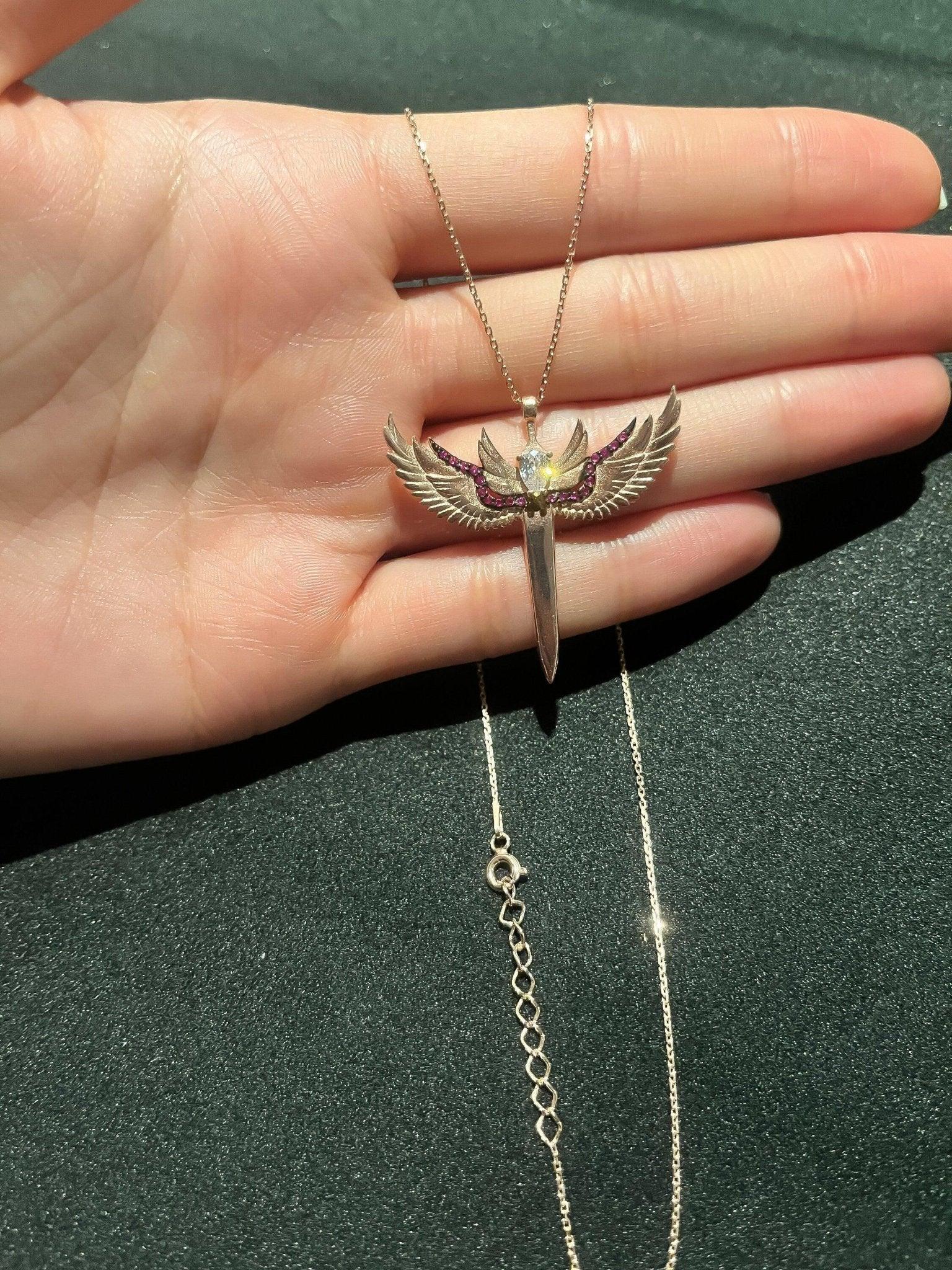 Sword of Michael 925 Sterling Silver Rose Gold Necklace,Ruby Sword Necklace,Michael's Sword Burgundy,Red Zircon,Silver Rose Gold,Gift ForHer - Tracesilver