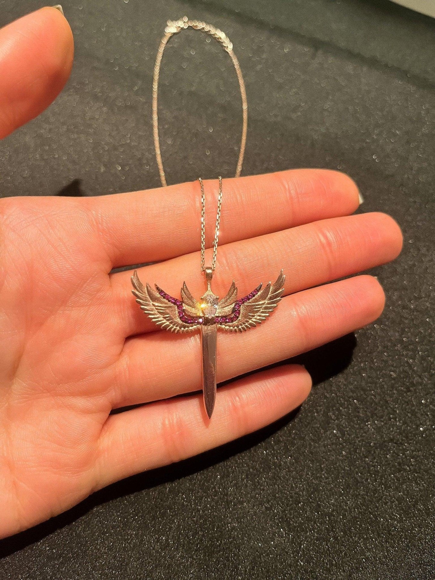 Sword of Michael 925 Sterling Silver Rose Gold Necklace,Ruby Sword Necklace,Michael's Sword Burgundy,Red Zircon,Silver Rose Gold,Gift ForHer - Tracesilver