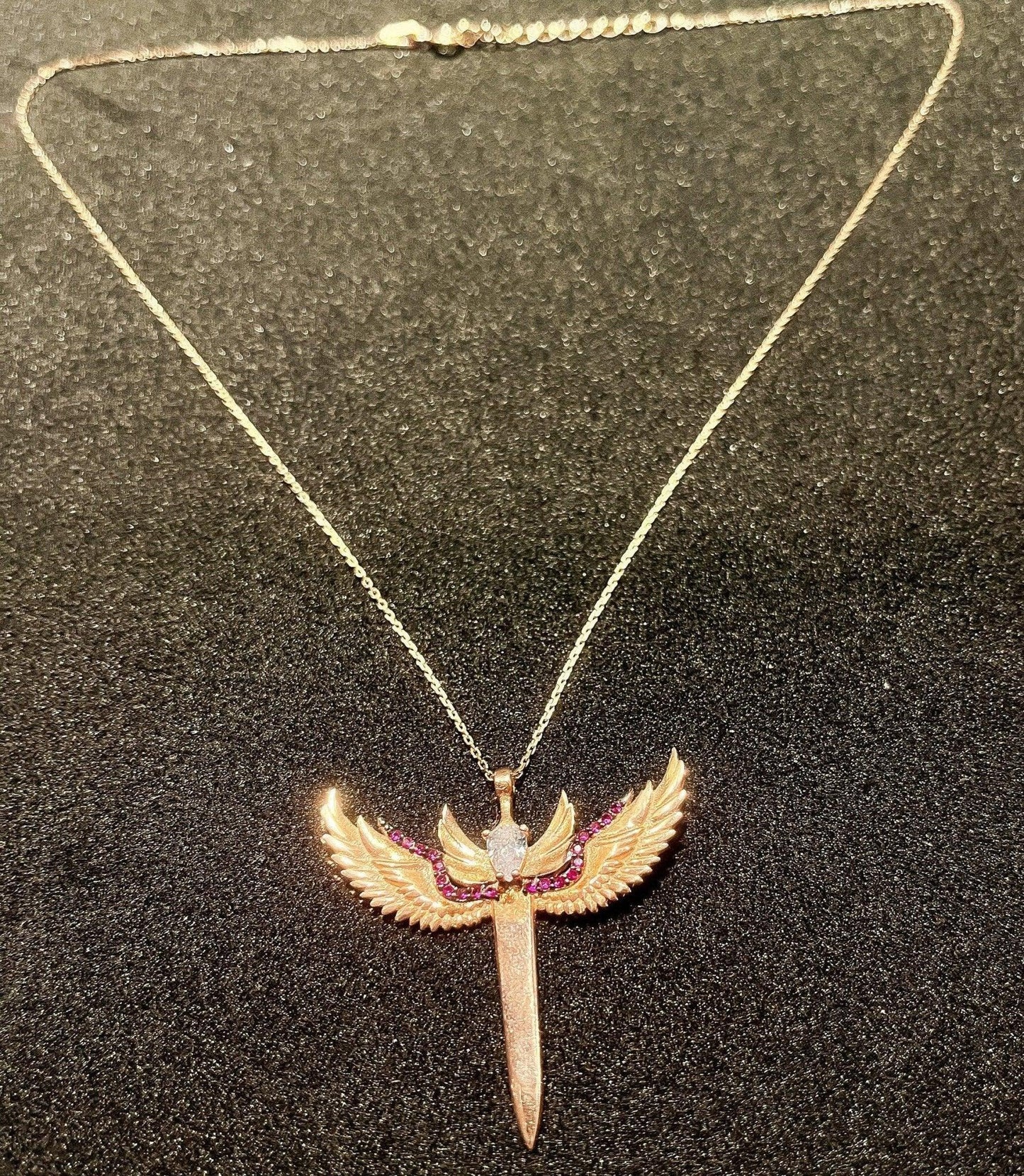 Sword of Michael 925 Sterling Silver Rose Gold Necklace,Ruby Sword Necklace,Michael's Sword Burgundy,Red Zircon,Silver Rose Gold,Gift ForHer - Tracesilver