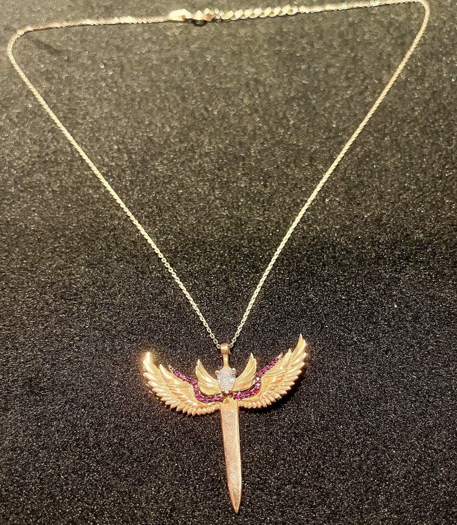 Sword of Michael 925 Sterling Silver Rose Gold Necklace,Ruby Sword Necklace,Michael's Sword Burgundy,Red Zircon,Silver Rose Gold,Gift ForHer - Tracesilver