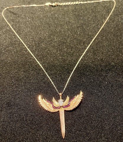 Sword of Michael 925 Sterling Silver Rose Gold Necklace,Ruby Sword Necklace,Michael's Sword Burgundy,Red Zircon,Silver Rose Gold,Gift ForHer - Tracesilver