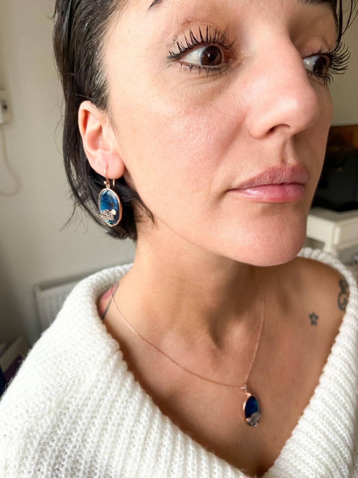 Tree Of Life Silver Stud Earrings, Blue Abalone Gemstone Earrings, Sterling Silver Life Tree Designer Jewelry Earlobe Earrings - Tracesilver