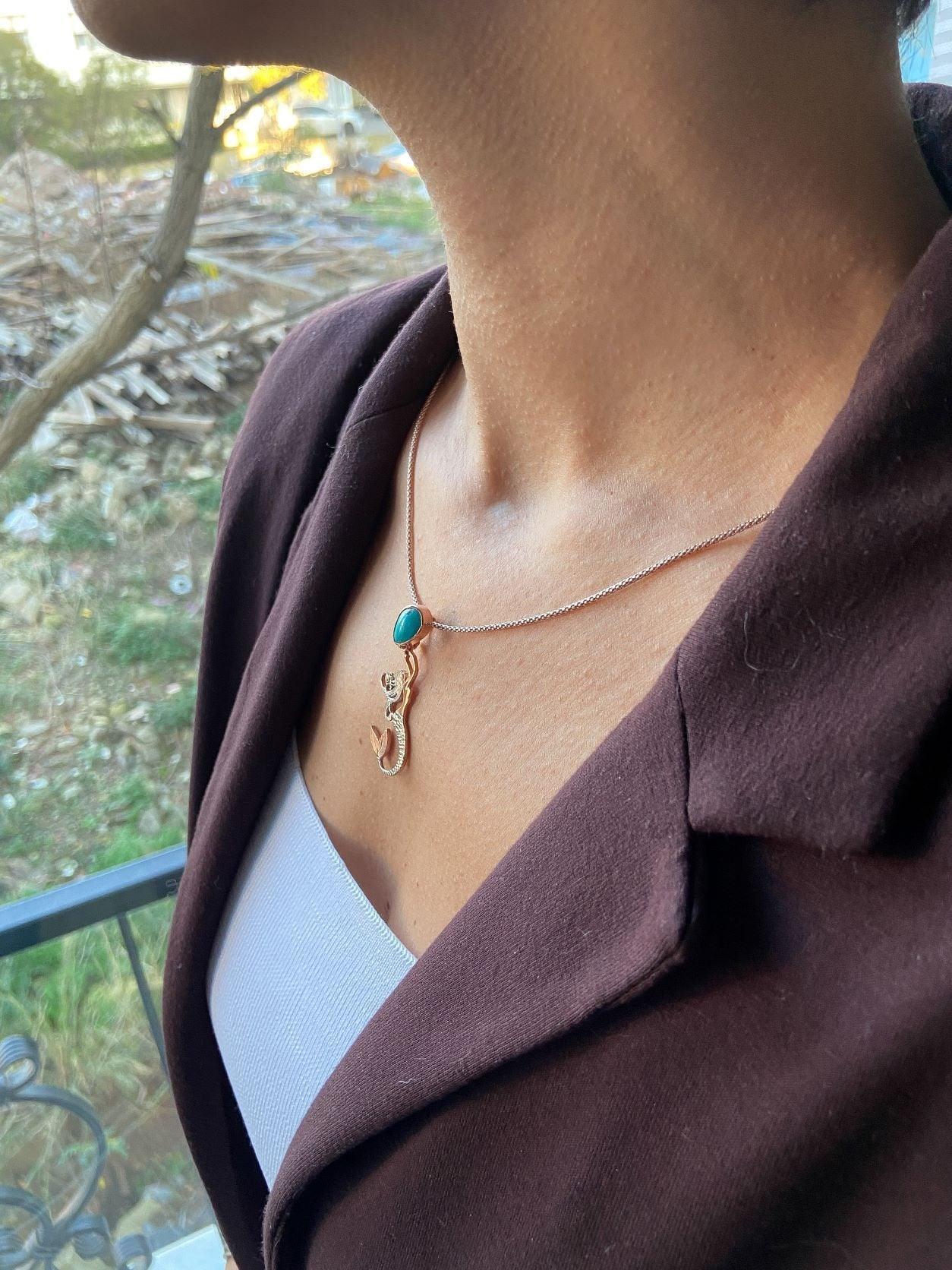 TURQUOISE Stone Mermaid Jewelry Natural Necklace For Women, Custom Design Handmade Mermaid Pendant - Tracesilver
