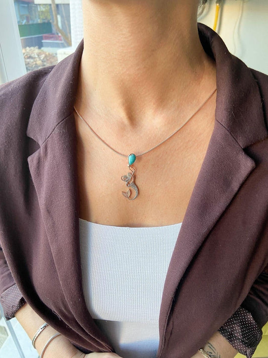 TURQUOISE Stone Mermaid Jewelry Natural Necklace For Women, Custom Design Handmade Mermaid Pendant - Tracesilver