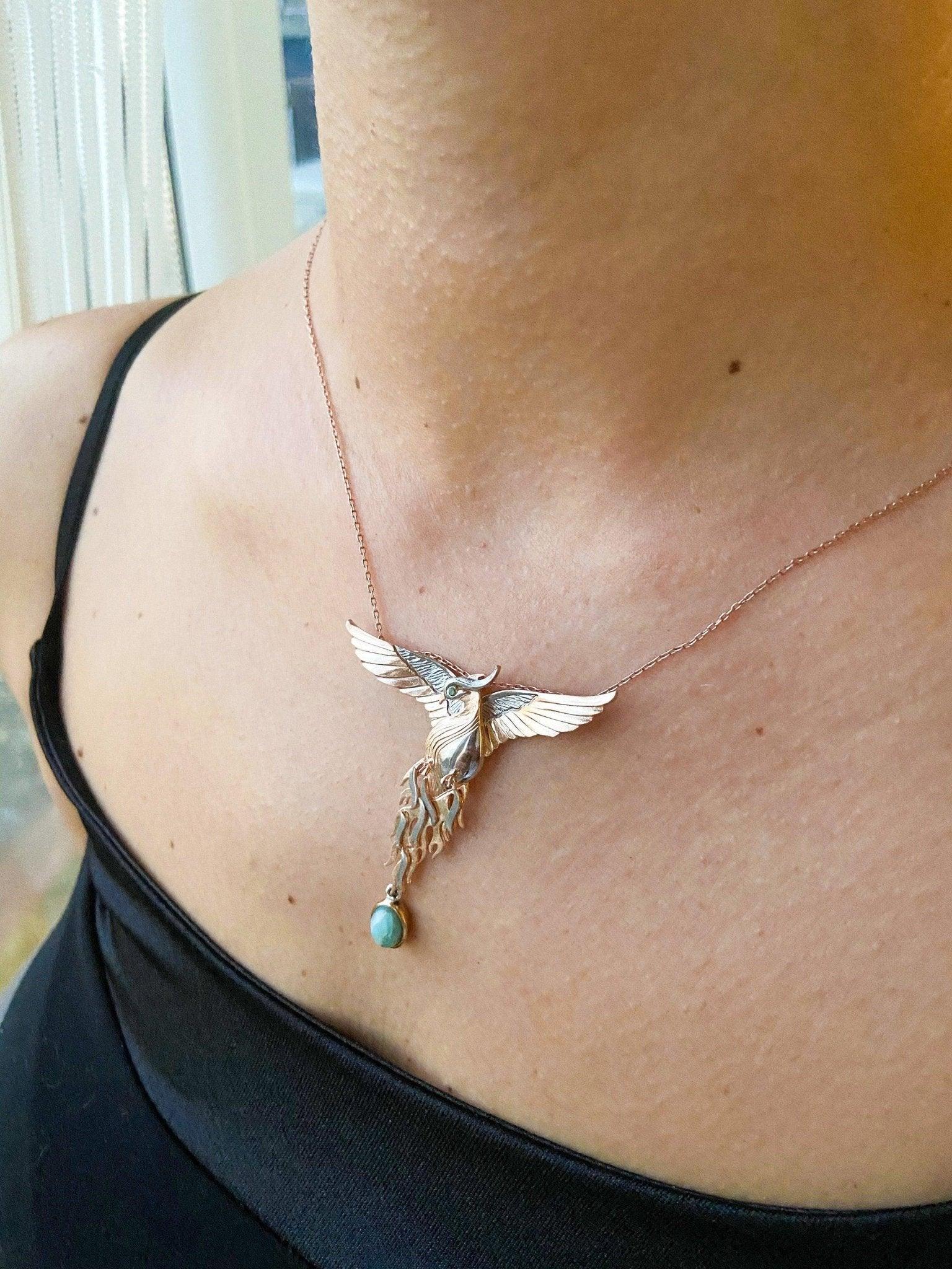 Turquoise Stone Phoenix Rose Gold Firebird Pendant, Custom Desing Gemstone Phoenix, Turquoise Phoenix Emerald Eye - Tracesilver