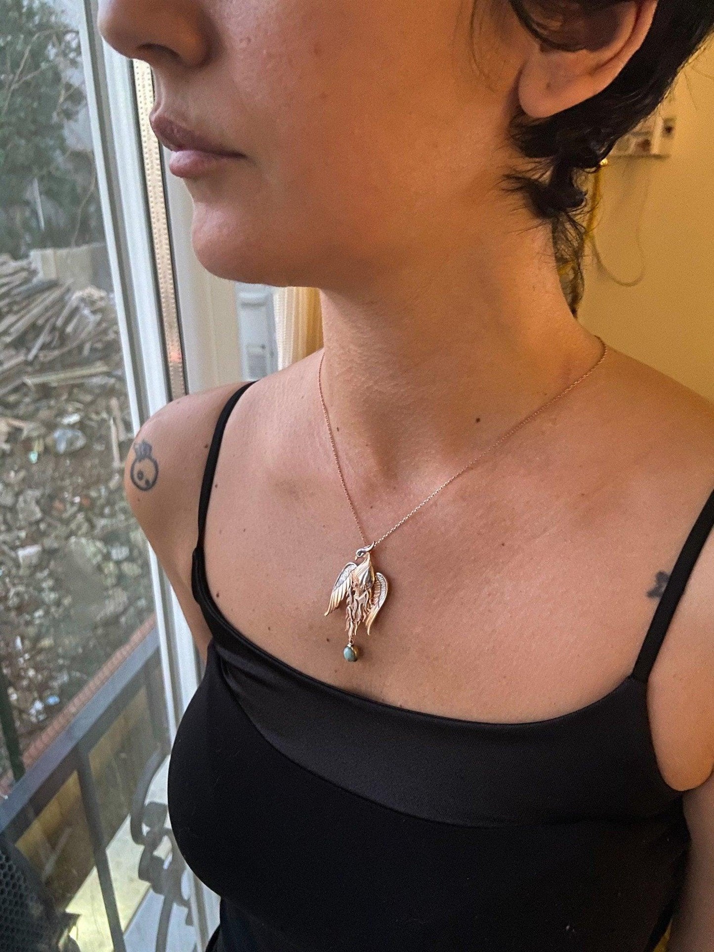 Turquoise Stone Phoenix Rose Gold Firebird Pendant, Custom Desing Gemstone Phoenix, Turquoise Phoenix Emerald Eye - Tracesilver