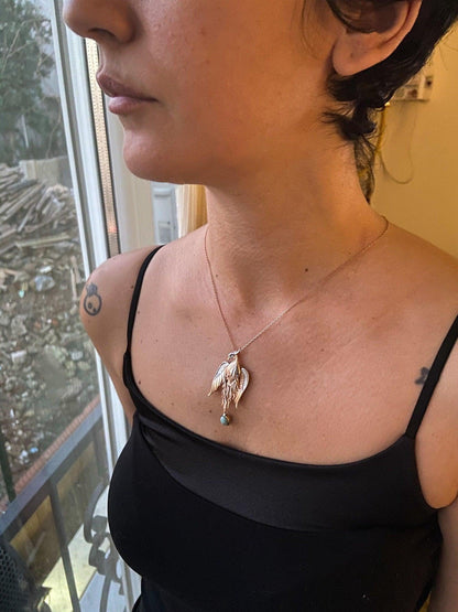 Turquoise Stone Phoenix Rose Gold Firebird Pendant, Custom Desing Gemstone Phoenix, Turquoise Phoenix Emerald Eye - Tracesilver