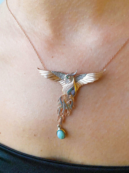 Turquoise Stone Phoenix Rose Gold Firebird Pendant, Custom Desing Gemstone Phoenix, Turquoise Phoenix Emerald Eye - Tracesilver