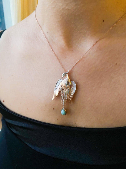 Turquoise Stone Phoenix Rose Gold Firebird Pendant, Custom Desing Gemstone Phoenix, Turquoise Phoenix Emerald Eye - Tracesilver