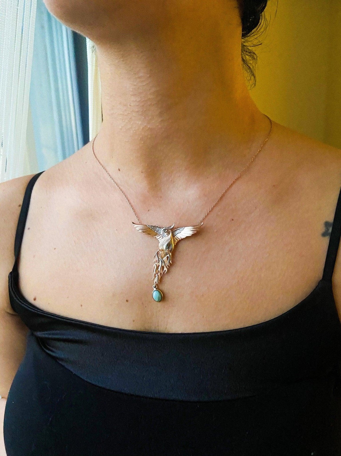 Turquoise Stone Phoenix Rose Gold Firebird Pendant, Custom Desing Gemstone Phoenix, Turquoise Phoenix Emerald Eye - Tracesilver
